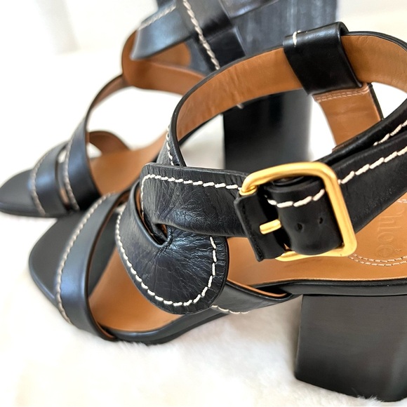 Chloe Candice Topstitch Block Heel Sandals Black Size EU 40 - Picture 8 of 16